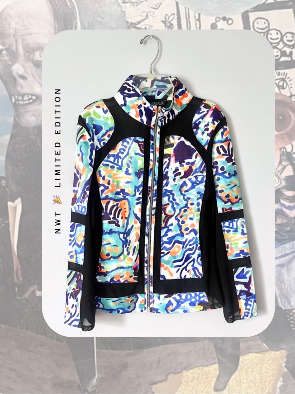 🎉Bold Multicolor Abstract Black Mesh Panel Scuba Moto Zipper Jacket